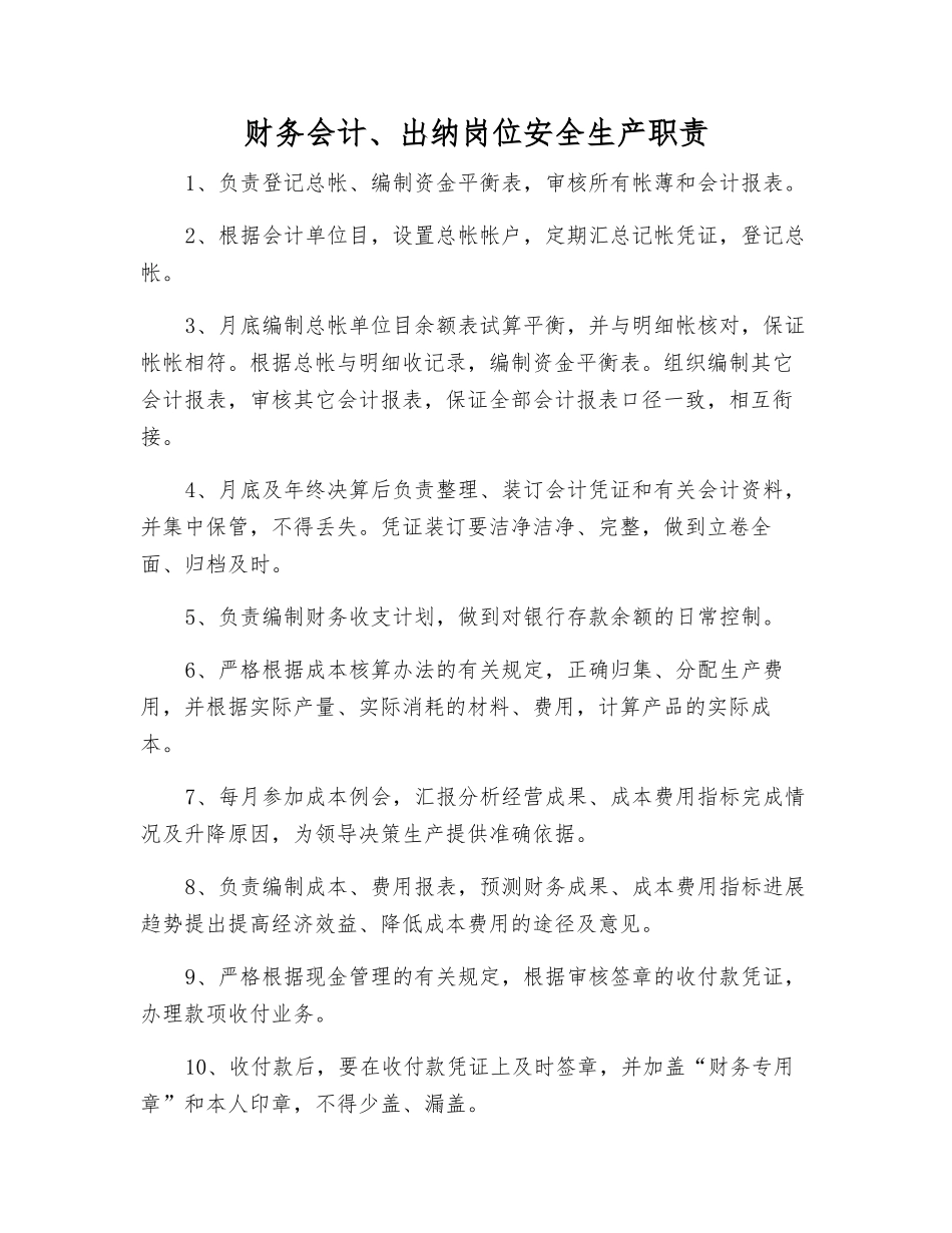 财务会计、出纳岗位安全生产职责_第1页