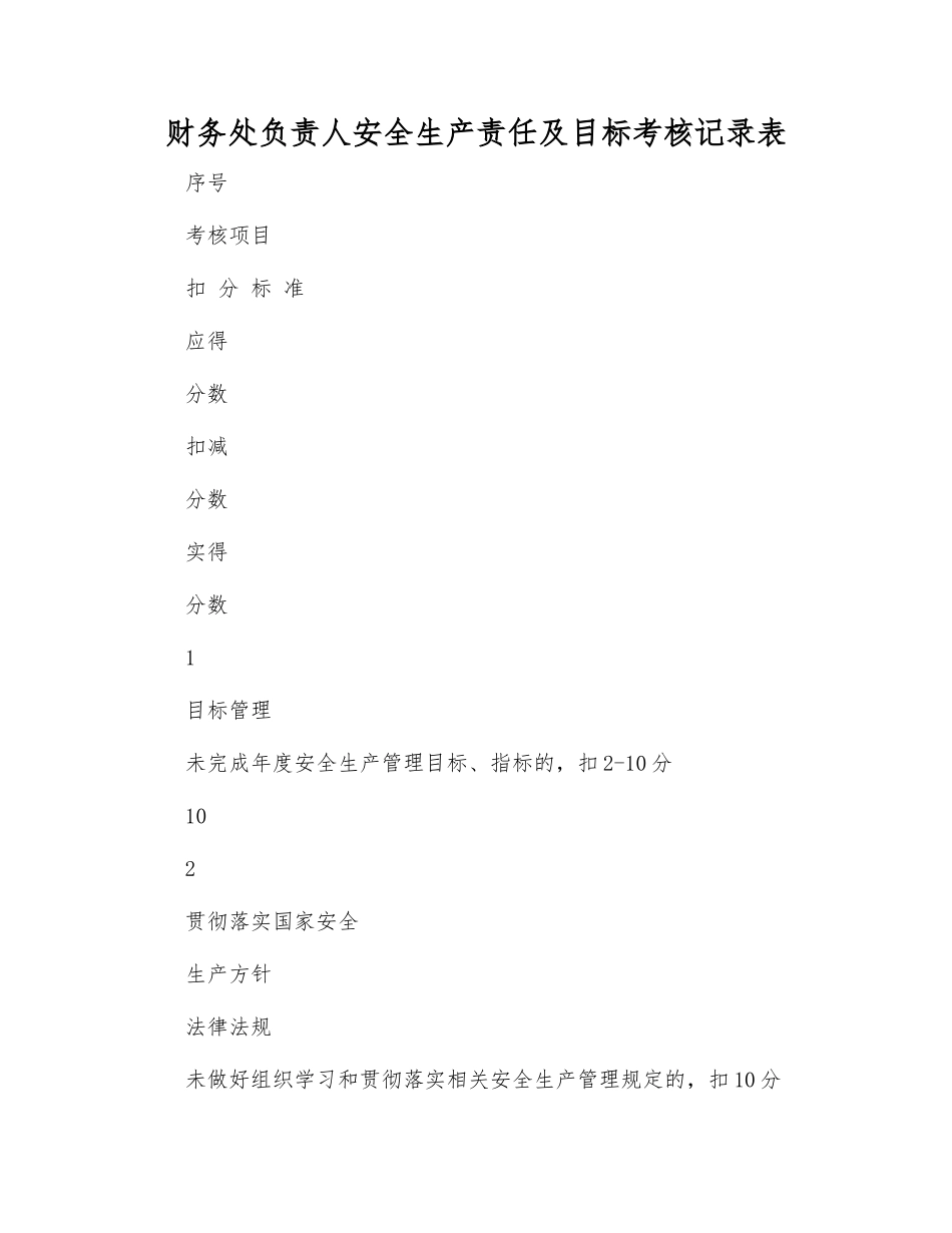 财务处负责人安全生产责任及目标考核记录表_第1页