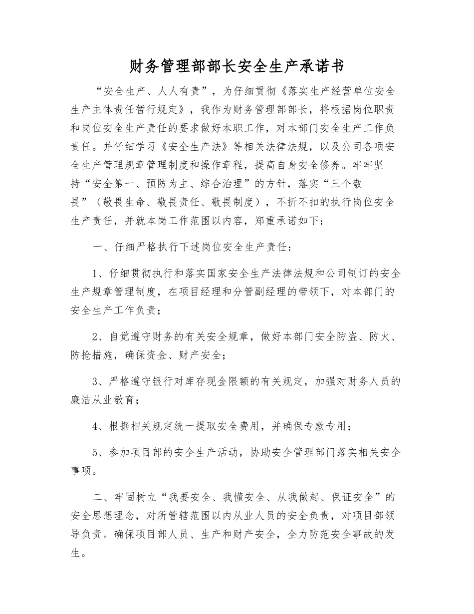财务管理部部长安全生产承诺书_第1页