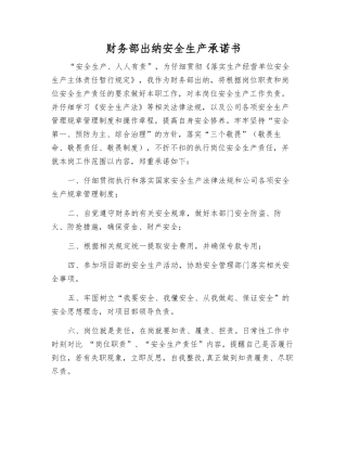 财务部出纳安全生产承诺书
