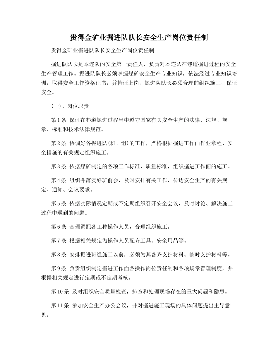 贵得金矿业掘进队队长安全生产岗位责任制_第1页