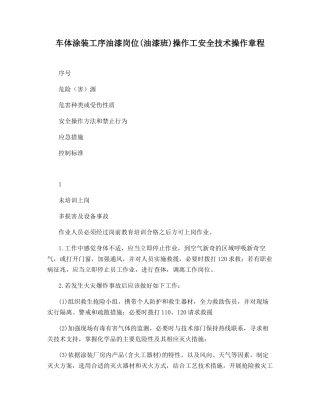 车体涂装工序油漆岗位操作工安全技术操作规程