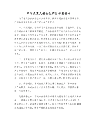 车间负责人安全生产目标责任书