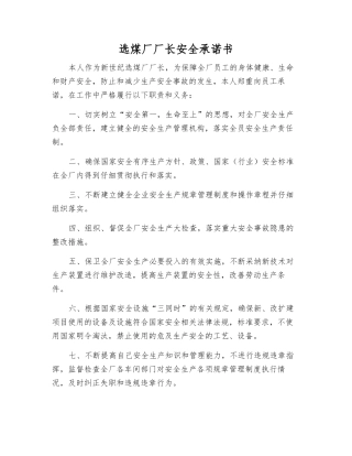 选煤厂厂长安全承诺书