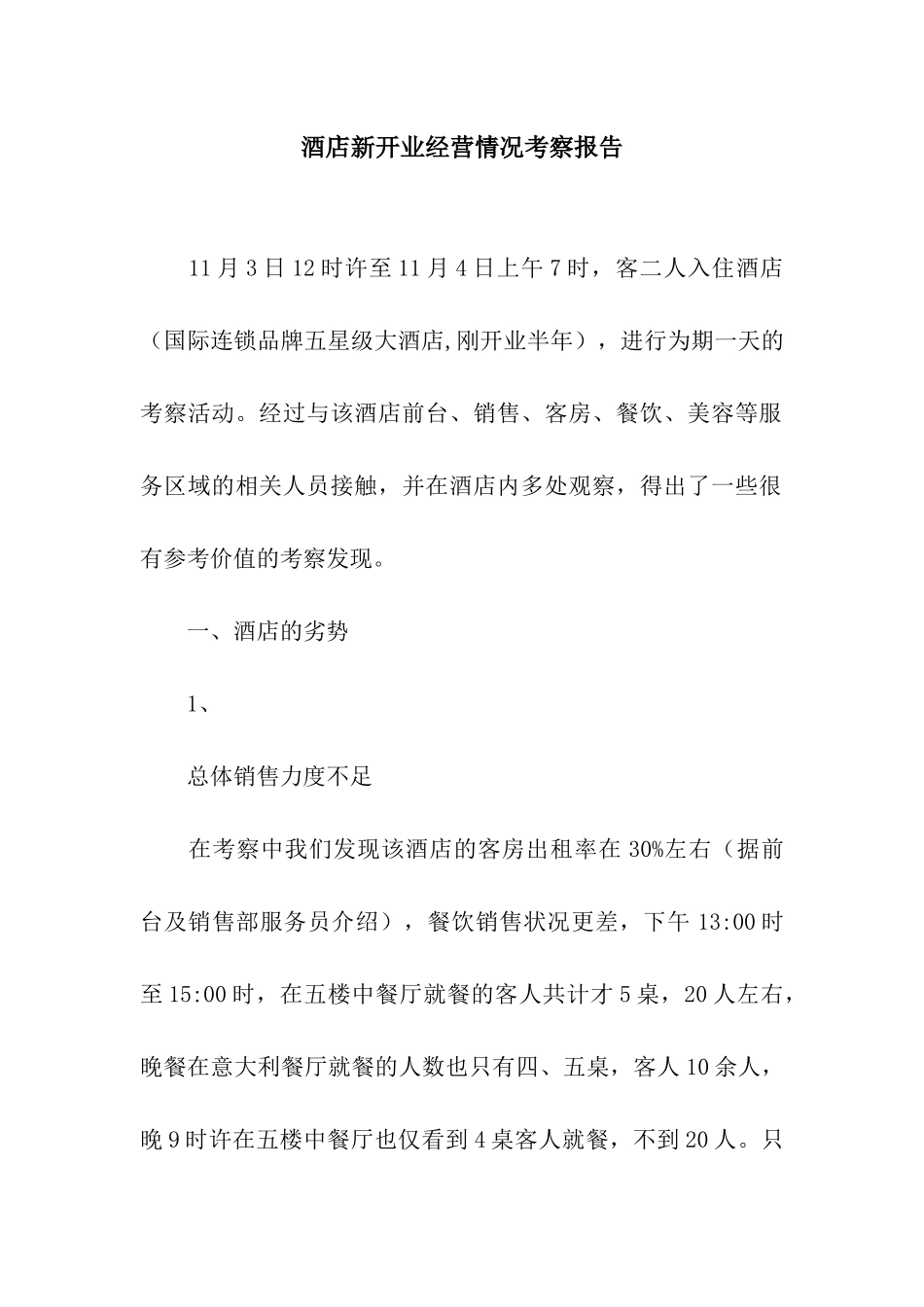 酒店新开业经营情况考察报告_第1页