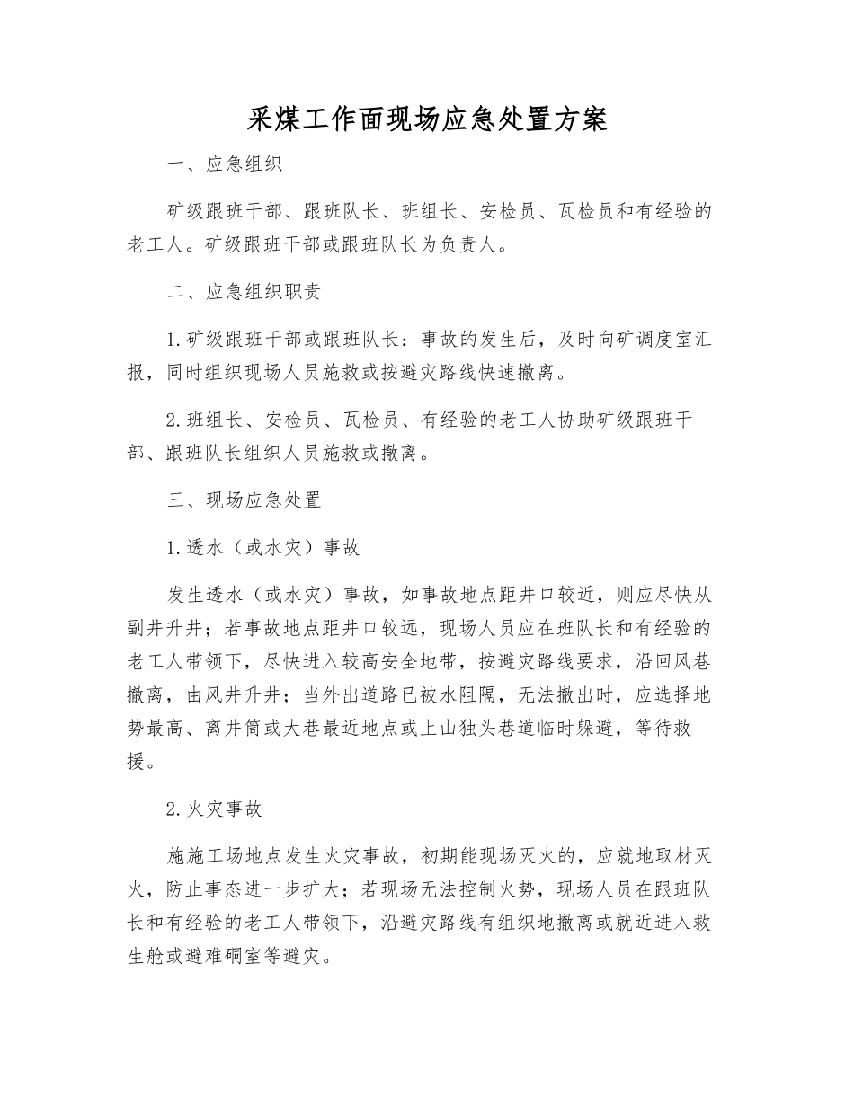 采煤工作面现场应急处置方案_第1页
