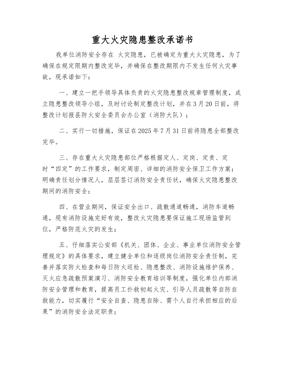 重大火灾隐患整改承诺书_第1页