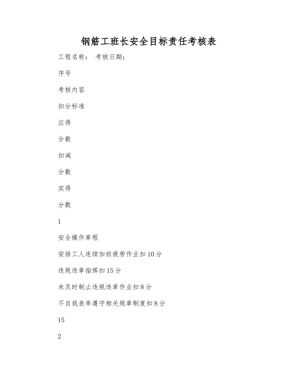 钢筋工班长安全目标责任考核表_第1页