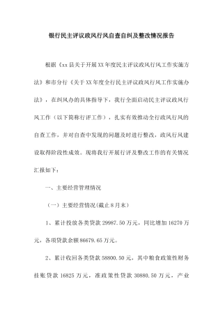 银行民主评议政风行风自查自纠及整改情况报告