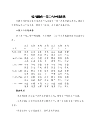 银行网点一周工作计划表格