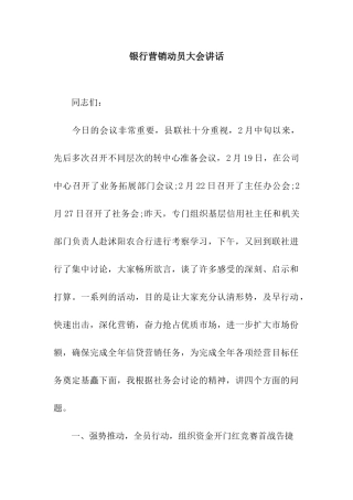 银行营销动员大会讲话