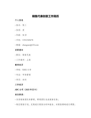 销售代表创意工作简历