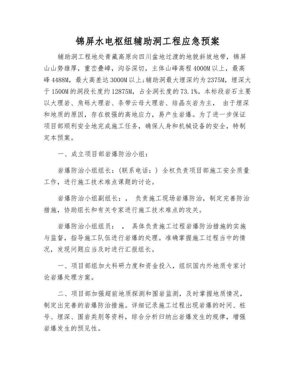 锦屏水电枢纽辅助洞工程应急预案_第1页