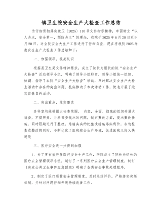 镇卫生院安全生产大检查工作总结