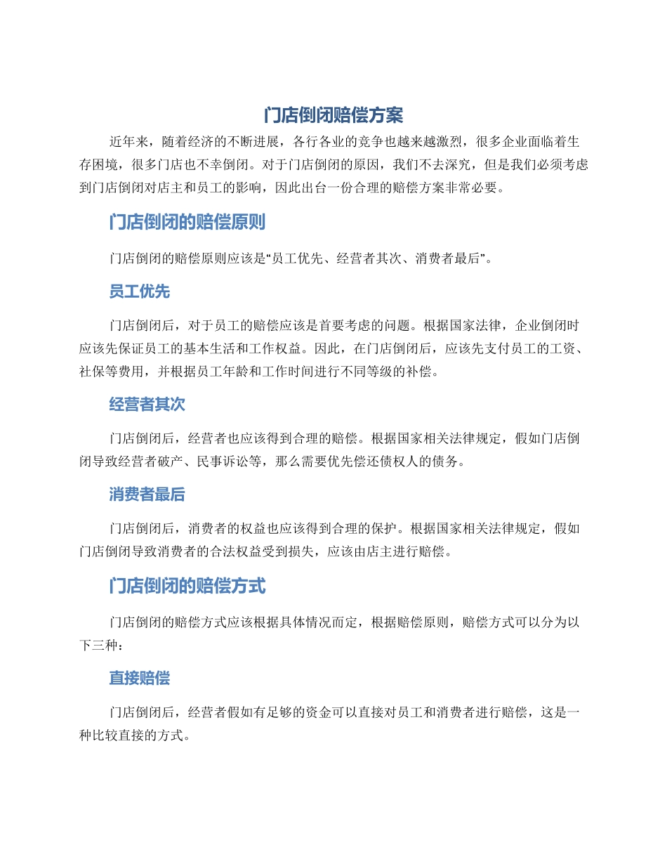 门店倒闭赔偿方案_第1页