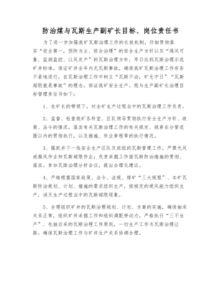 防治煤与瓦斯生产副矿长目标、岗位责任书