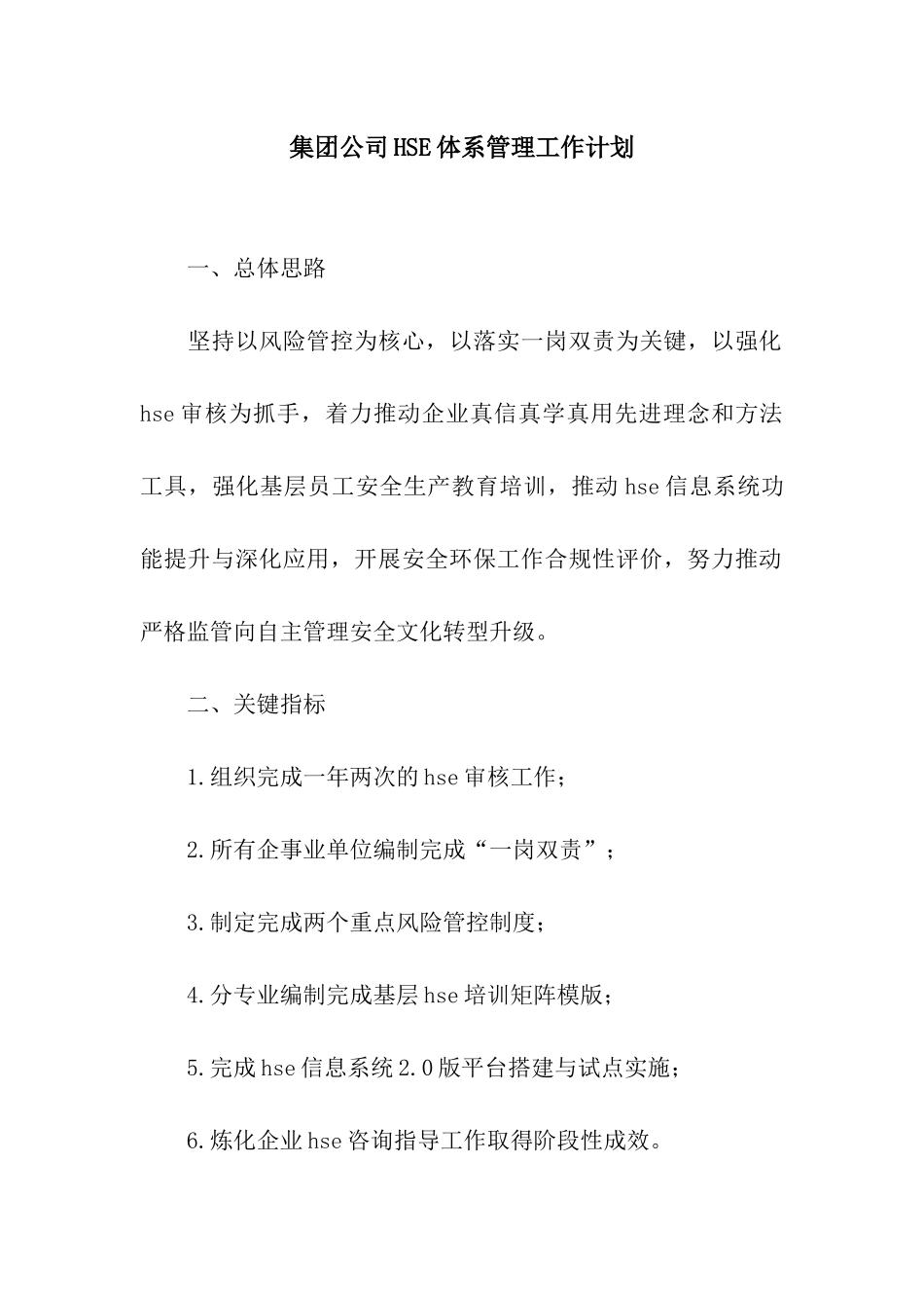 集团公司HSE体系管理工作计划_第1页