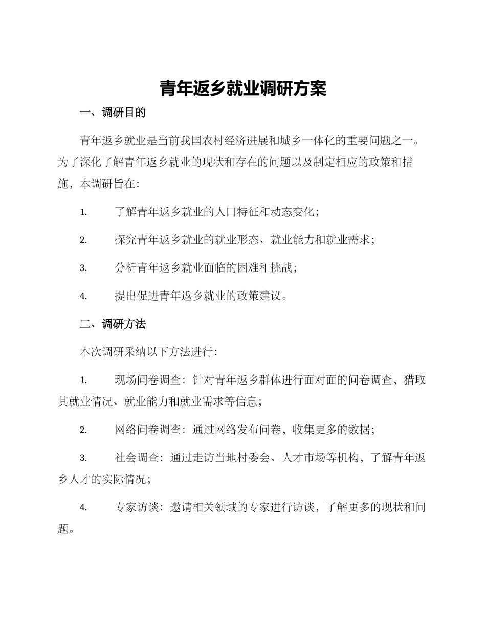 青年返乡就业调研方案_第1页