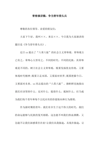 青春演讲稿争当青年排头兵
