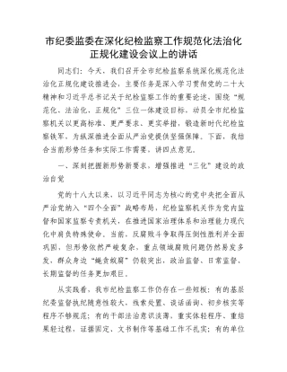 市纪委监委在深化纪检监察工作规范化法治化正规化建设会议上的讲话