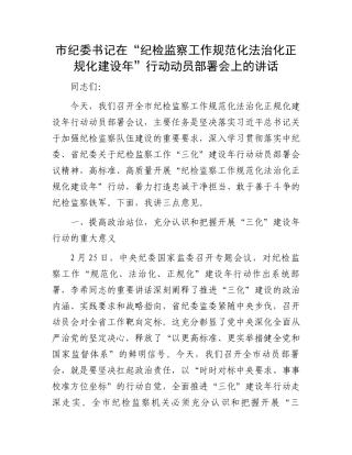 市纪委书记在“纪检监察工作规范化法治化正规化建设年”行动动员部署会上的讲话