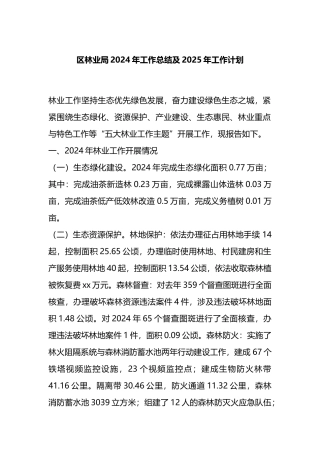 区林业局2024年工作总结及2025年工作计划