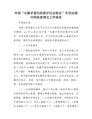 市局“化解矛盾风险维护社会稳定”专项治理对照检查情况工作报告