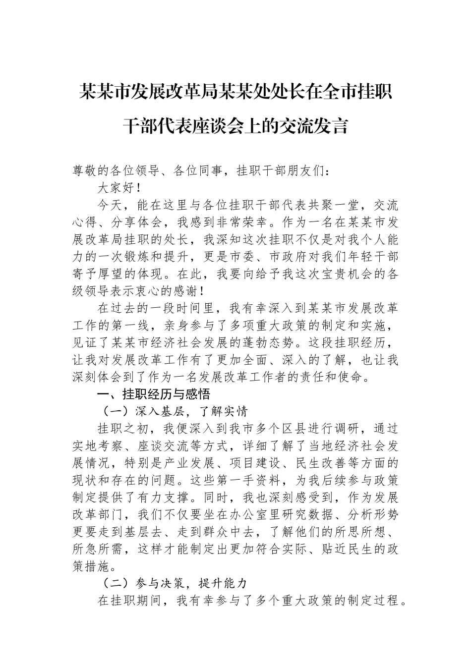 某某市发展改革局某某处处长在全市挂职干部代表座谈会上的交流发言_第1页