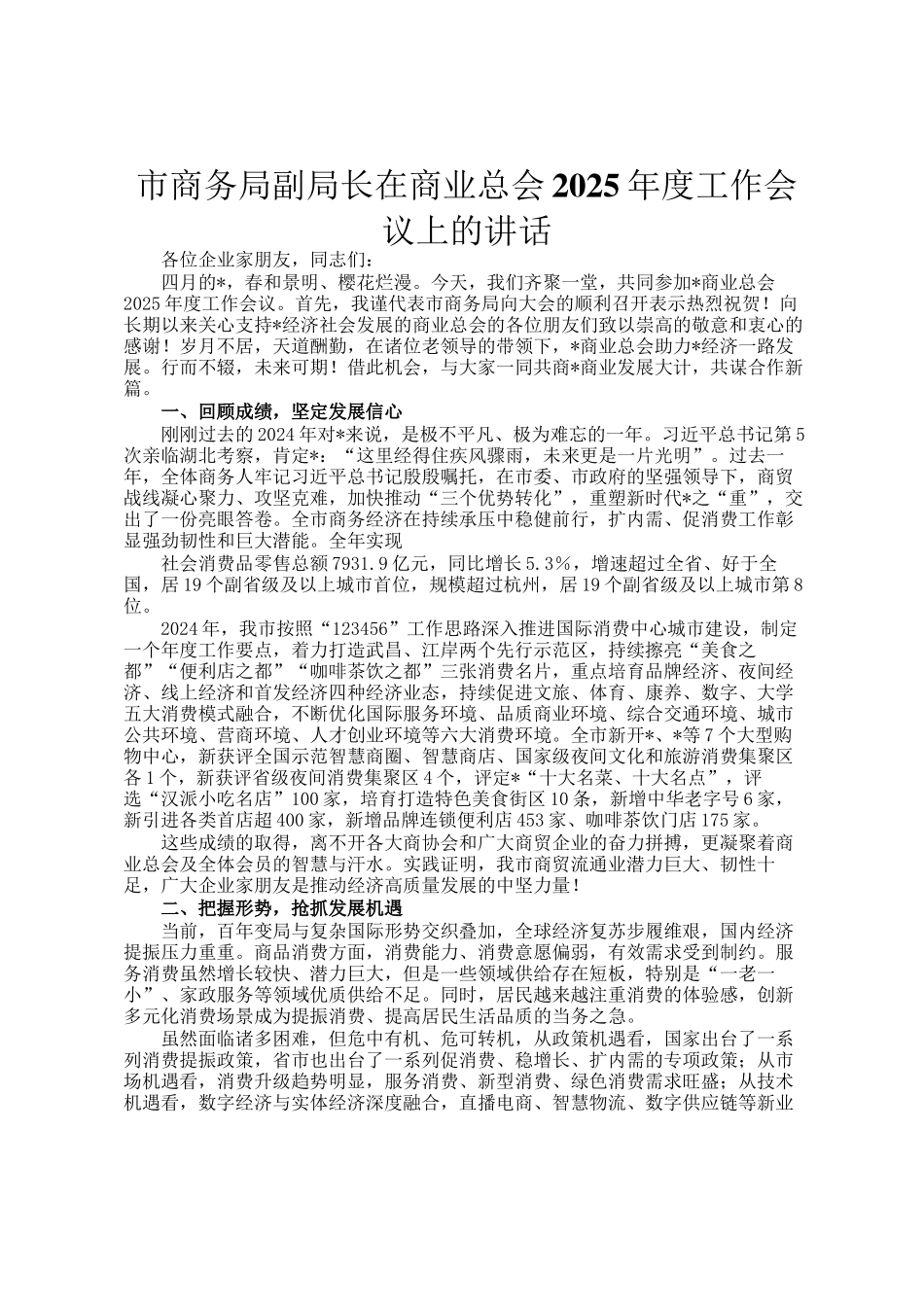 市商务局副局长在商业总会2025年度工作会议上的讲话_第1页