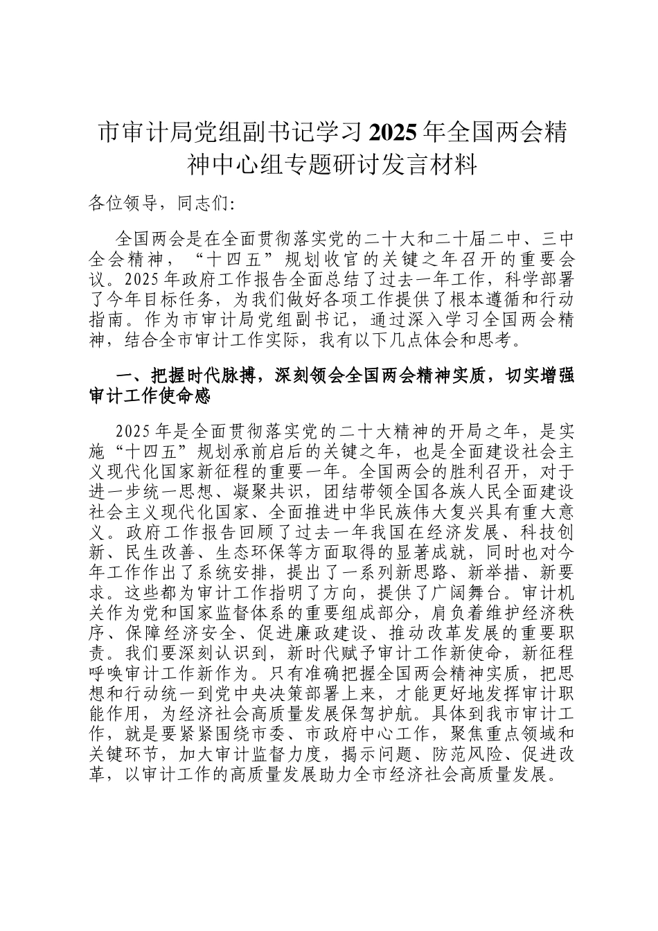 市审计局党组副书记学习2025年全国两会精神中心组专题研讨发言材料_第1页