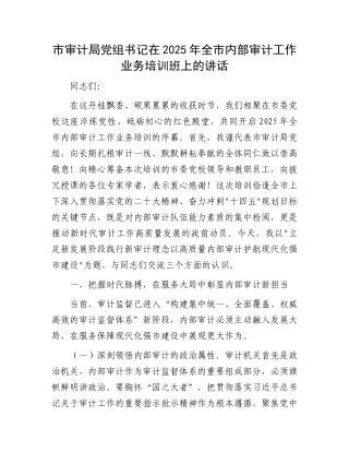市审计局党组书记在2025年全市内部审计工作业务培训班上的讲话