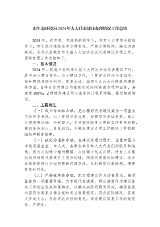 市生态环境局2024年人大代表建议办理情况工作总结