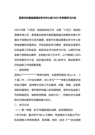 某市纪委监委理论学习中心组2025年专题学习计划
