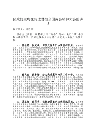 区政协主席在传达贯彻全国两会精神大会的讲话