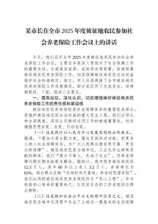 某市长在全市2025年度被征地农民参加社会养老保险工作会议上的讲话
