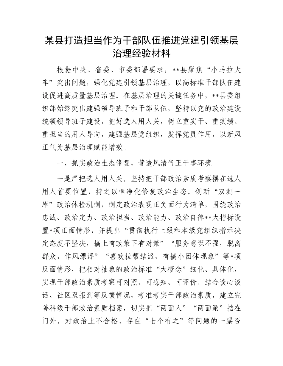 某县打造担当作为干部队伍推进党建引领基层治理经验材料_第1页