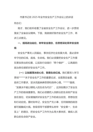 市委书记在2025年全市安全生产工作会议上的讲话