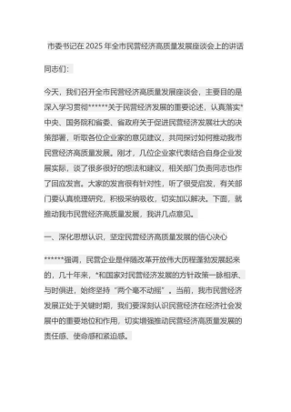 市委书记在2025年全市民营经济高质量发展座谈会上的讲话