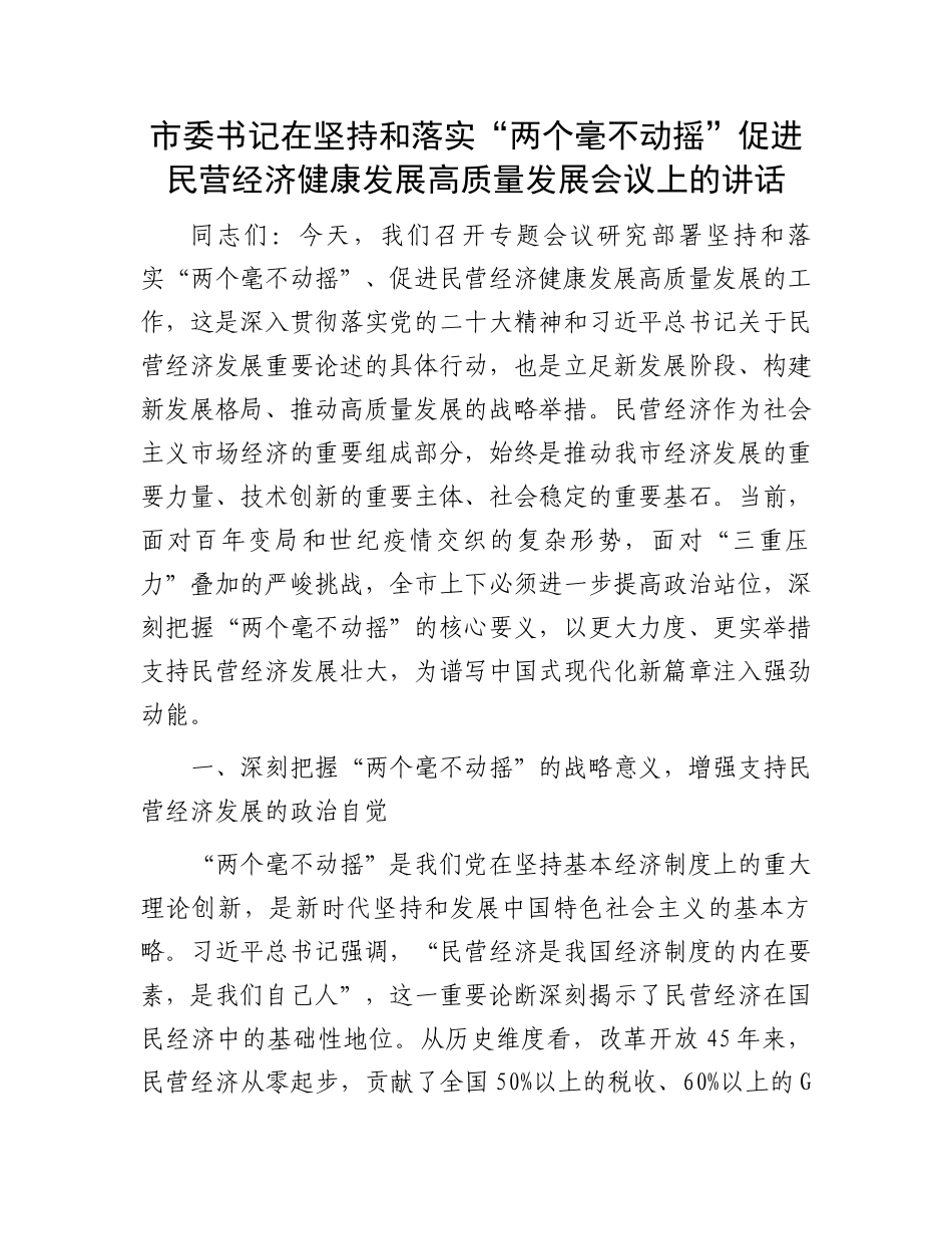 市委书记在坚持和落实“两个毫不动摇”促进民营经济健康发展高质量发展会议上的讲话_第1页