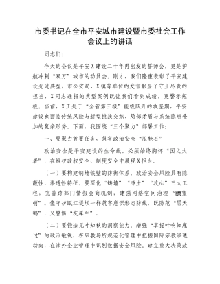 市委书记在全市平安城市建设暨市委社会工作会议上的讲话