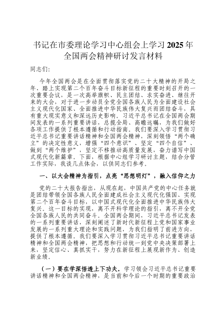 书记在市委理论学习中心组会上学习2025年全国两会精神研讨发言材料_第1页