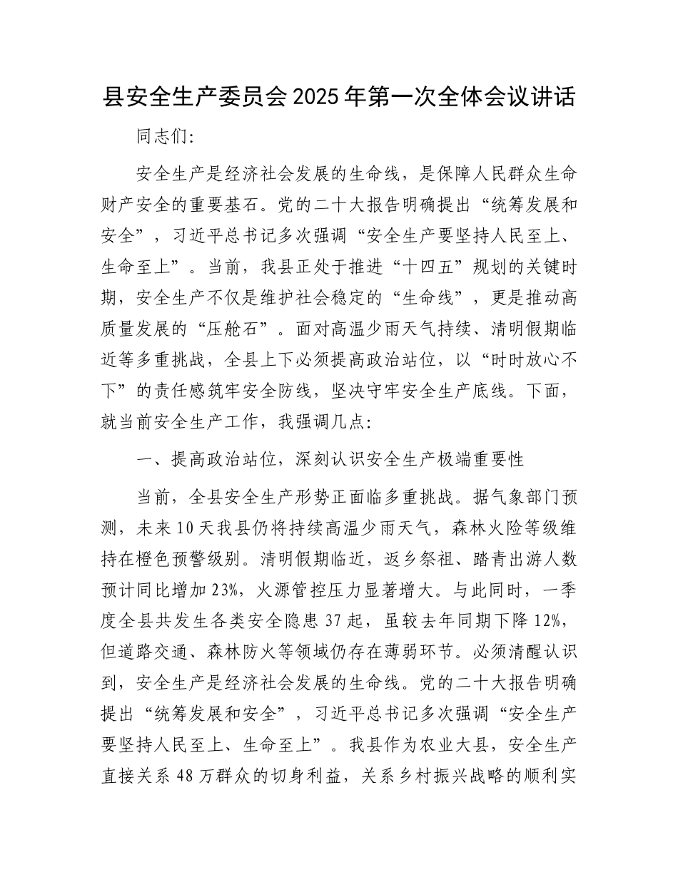 县安全生产委员会2025年第一次全体会议讲话_第1页