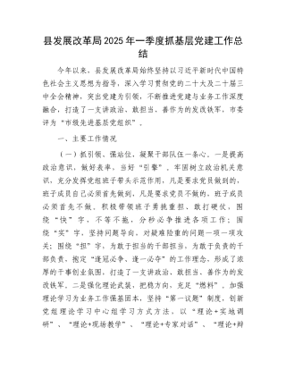 县发展改革局2025年一季度抓基层党建工作总结