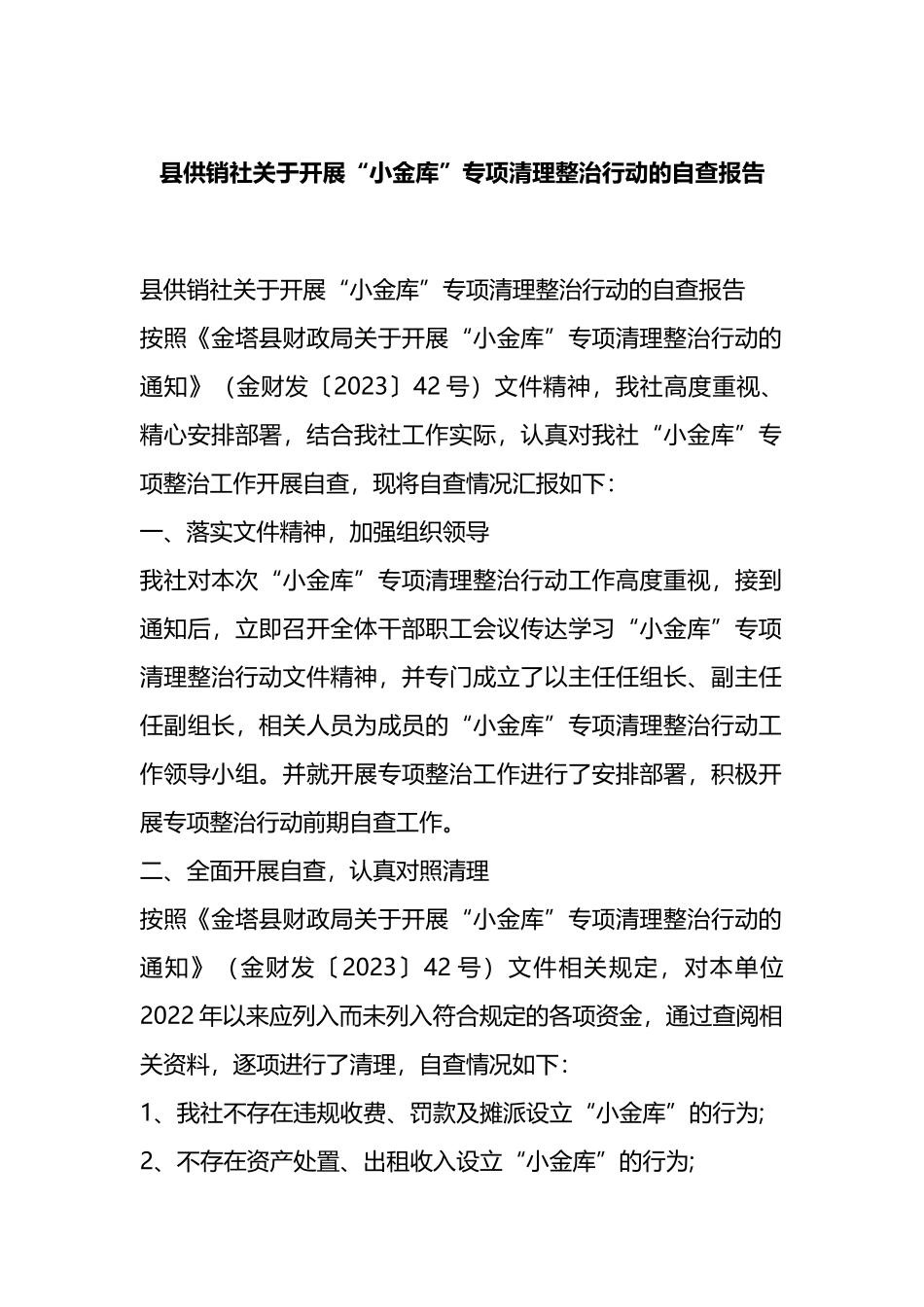 县供销社关于开展“小金库”专项清理整治行动的自查报告_第1页