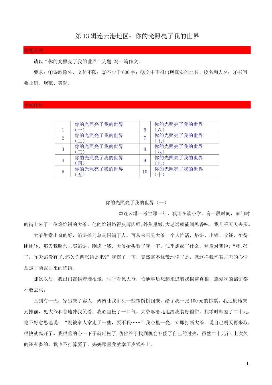 第13辑  连云港地区：你的光照亮了我的世界-2020年中考江苏各地满分作文及点评_第1页