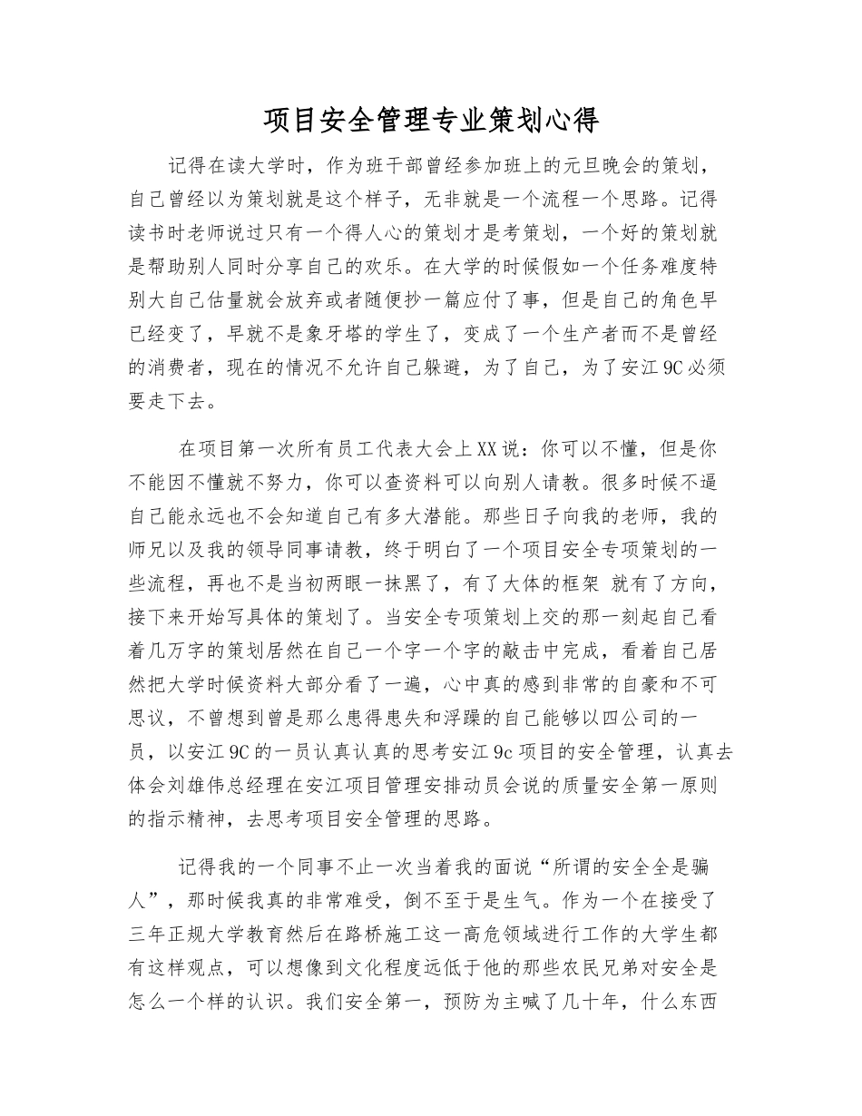 项目安全管理专业策划心得_第1页