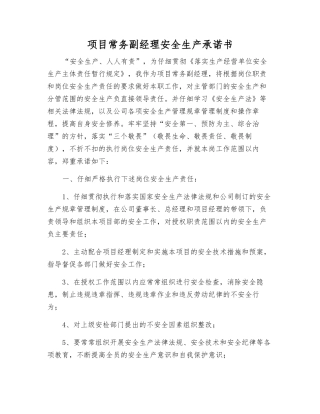 项目常务副经理安全生产承诺书
