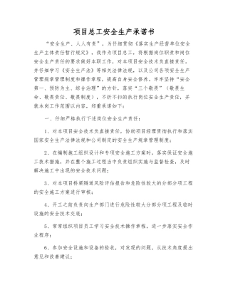 项目总工安全生产承诺书
