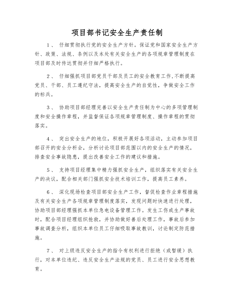 项目部书记安全生产责任制_第1页