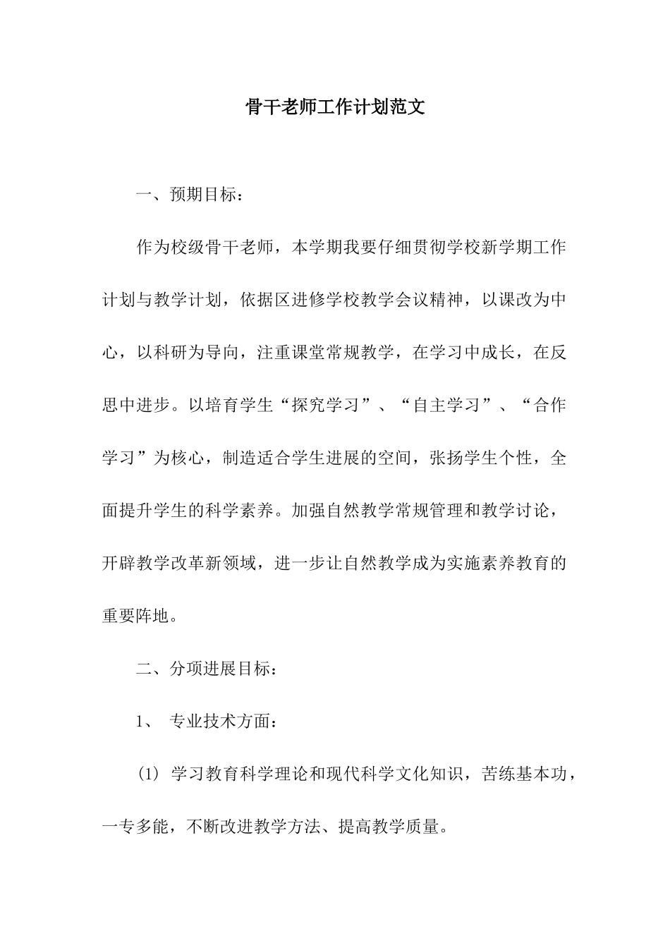 骨干老师工作计划范文_第1页